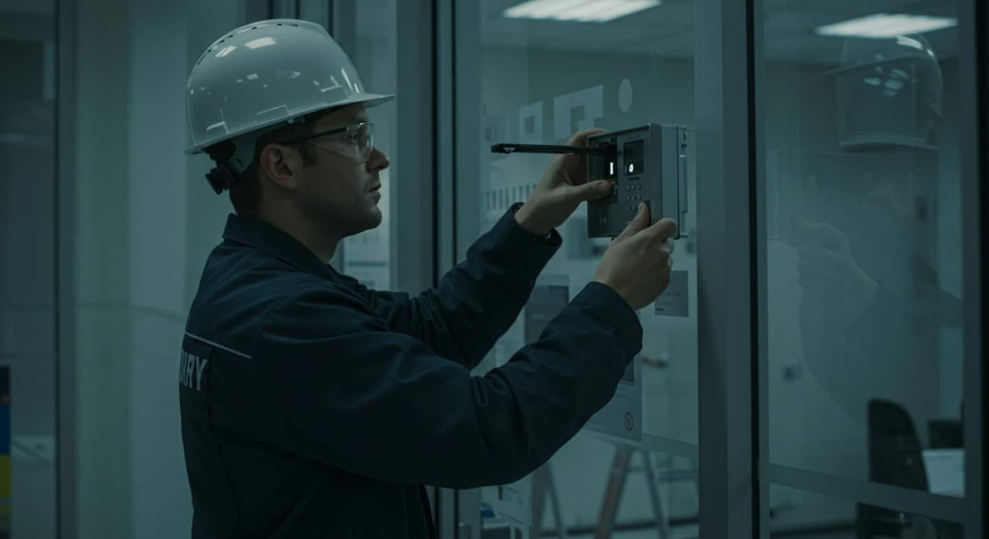 Technician operating access control panel on glass door.
